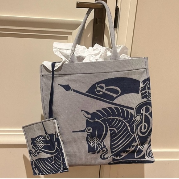 Burberry EKD Gray and Blue Tote Bag with Pouch and Dust Bag NWT - Picture 1 of 8